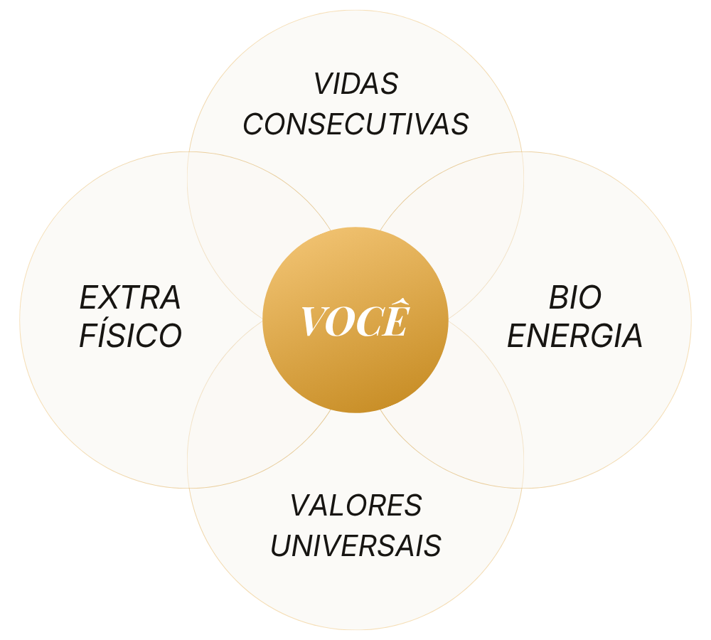 Esquema: Você no centro, cercado por Bioenergia, Vidas Passadas, Extra Físico e Ética Universal